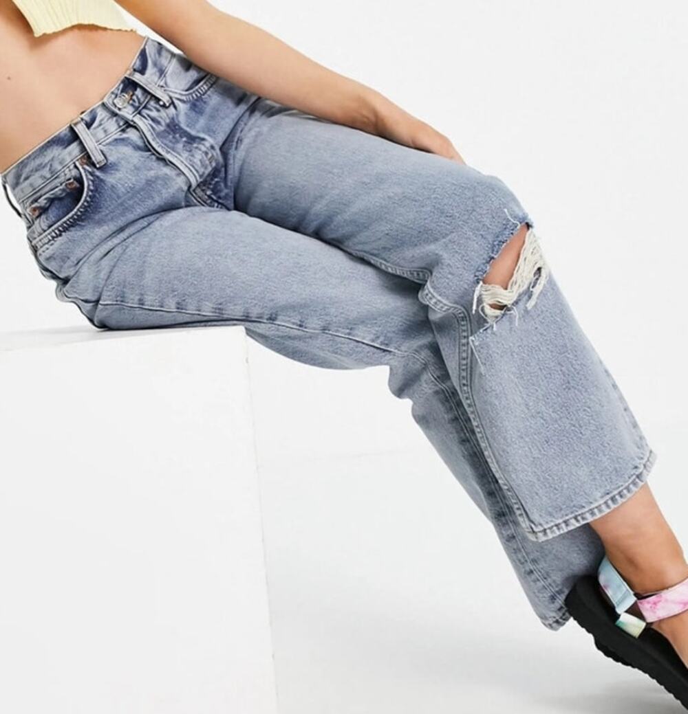 Topshop Petite New Womens Double Ripped Knee Non Stretch Dad Jeans Sz Petite 30